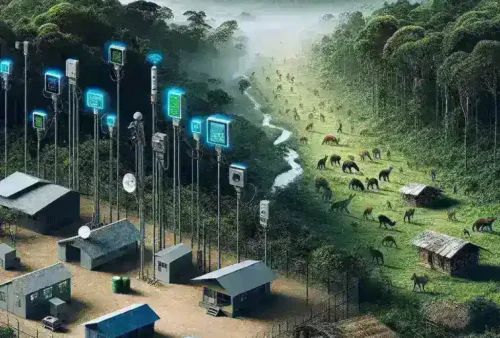 "Diagram pengembangan sistem peringatan dini untuk mencegah konflik antara satwa dan manusia di daerah perbatasan hutan, menunjukkan teknologi dan strategi yang diimplementasikan."