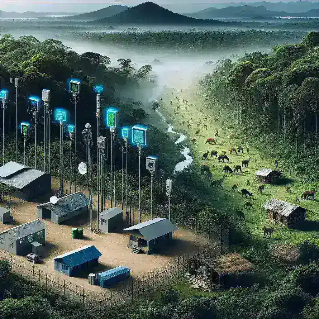 "Diagram pengembangan sistem peringatan dini untuk mencegah konflik antara satwa dan manusia di daerah perbatasan hutan, menunjukkan teknologi dan strategi yang diimplementasikan."