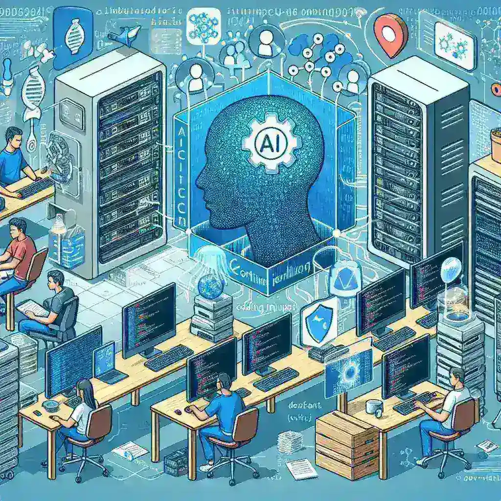 "AI-driven CI/CD pipeline illustration showing code injection detection process in a startup environment, highlighting automated security measures and efficient software development practices."